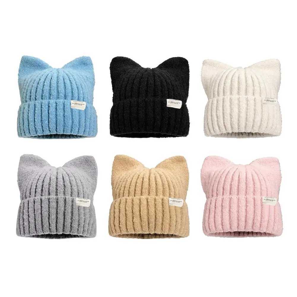 Cute Cat Ears Beanie Hats for Women Winter Korean Y2K Knitted Streetwear Handmade Crochet Bucket CapXJ251129
