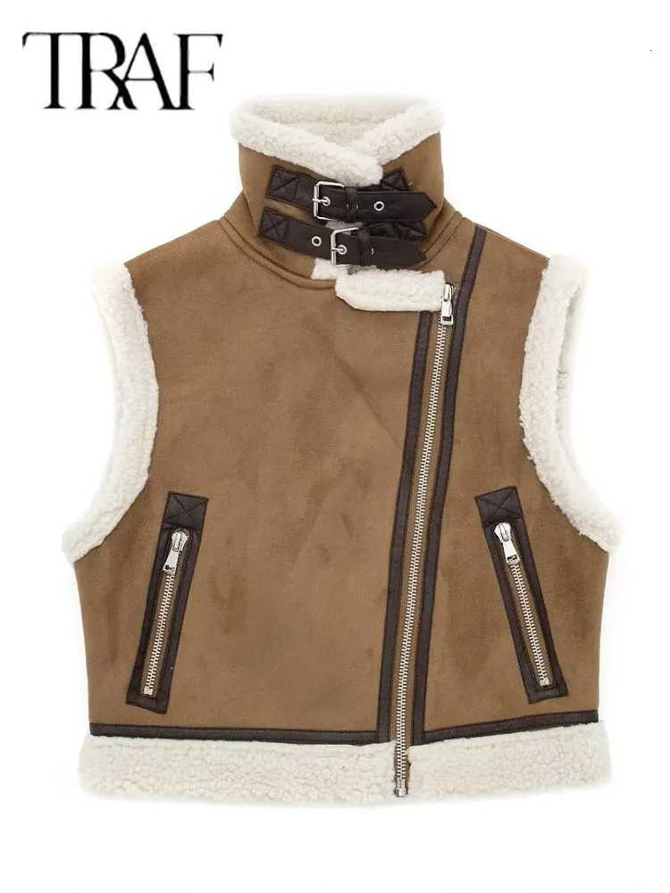 2025 Autumn Female Fashion Faux Leather Lambswool Patchwork Sleeveless Vest Jacket Thickening Warm Zip Waistcoats CoatT251129