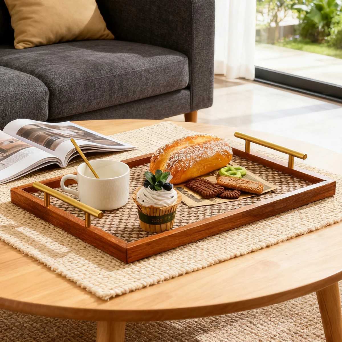 Luxury Gold Handle Wood Tray - Bohemian Rectangular Woven Rattan Bottom for Coffee/Bedroom/Jewelry/Kitchen Y251129