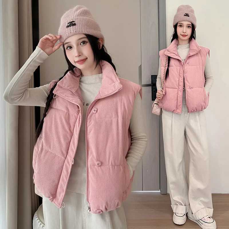 Autumn Winter Sleeveless Puffer Vest Jacket Women Stand Collar Down Cotton Vest Coat Corduroy Puffer Waistcoat OutwearT251129