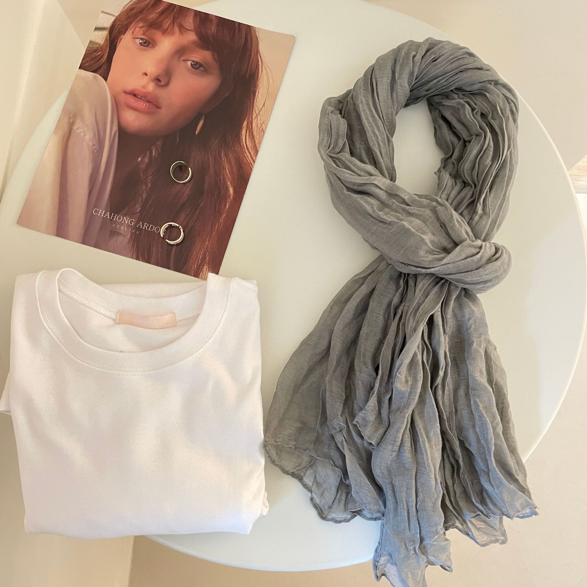 K574 Spring and autumn solid color cotton and linen scarf for women with pleated long Korean style spring and autumn versatile thin decorative neck sc