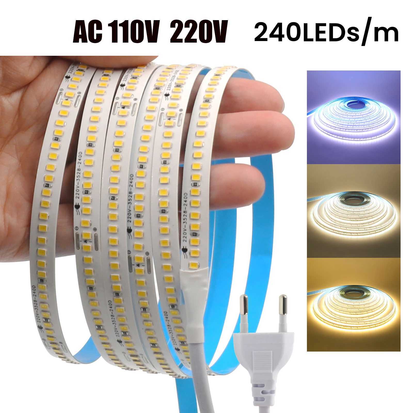AC 220V 110V LED Strip 240Leds/M IP44 10CM Cut Home Decor Warm/Natural White Self Adhesive Flexible Ribbon Stripe Chain Light M251129