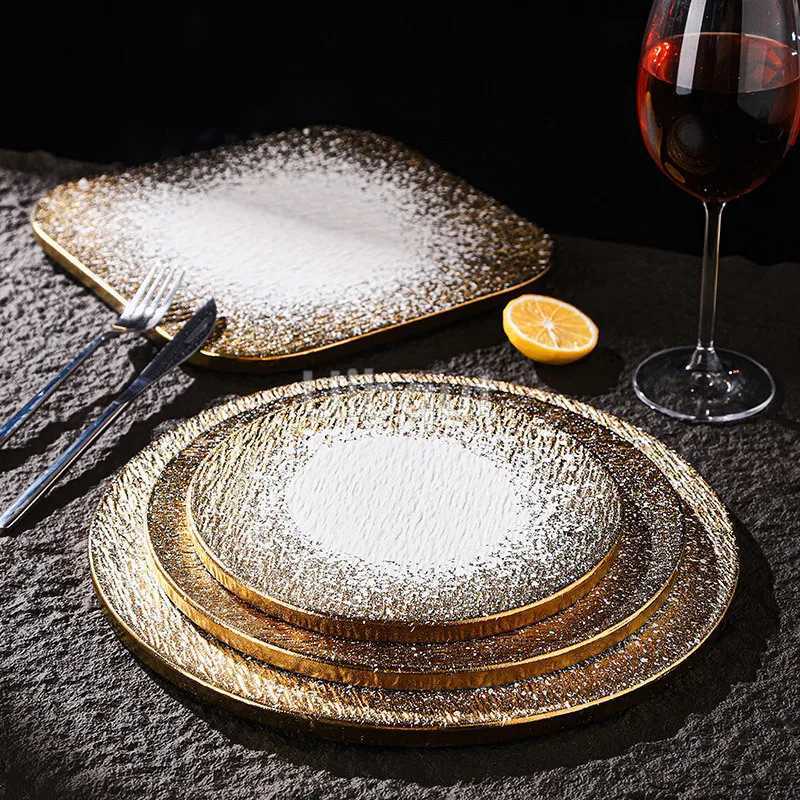 Luxury Golden Frosted Western-style Square Round Ceramic Flat steak Plate Kitchen Supplies Table Main Course Decorative Plate Cake Tray Y251129