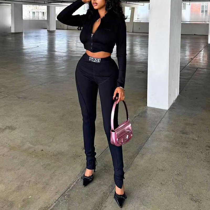 Women's Two Piece Pants Long-sleeved knitted zipper-up jacket and tight-fitting trousers two-piece set for women T250429