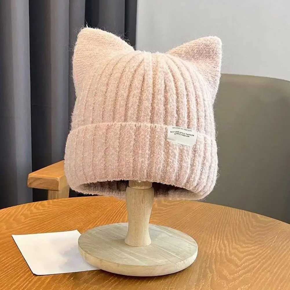 Cute Cat Ears Beanie Hats for Women Winter Korean Y2K Knitted Streetwear Handmade Crochet Bucket CapXJ251129