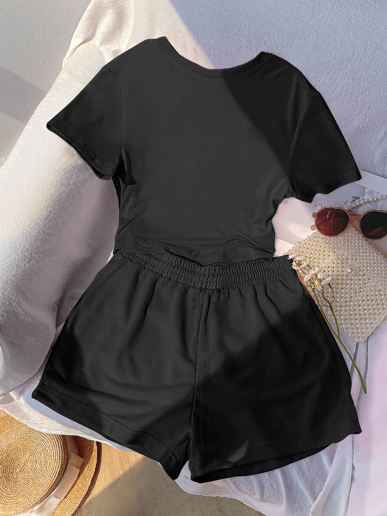 Women's Black T-Shirt & Shorts Set: Young Fashion Style, Casual Comfortable Summer Sport Outfit with printing, Relaxed-Fit Two-Piece Suit-S2