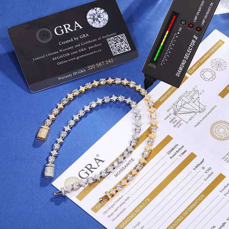 Fine Hip Hop Mens Jewelry 6mm 925 Sterling Silver VVS Moissanite Iced Out Halo Four-pointed Star Bracelet with Certificate