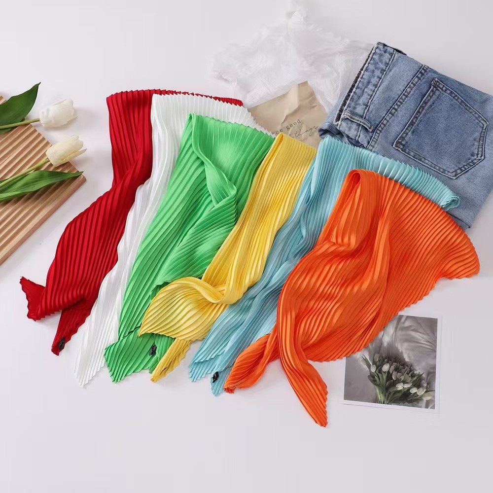 T585 pleated silk scarf solid color scarf female all-match light luxury style scarf simple shawl small hair with headscarf