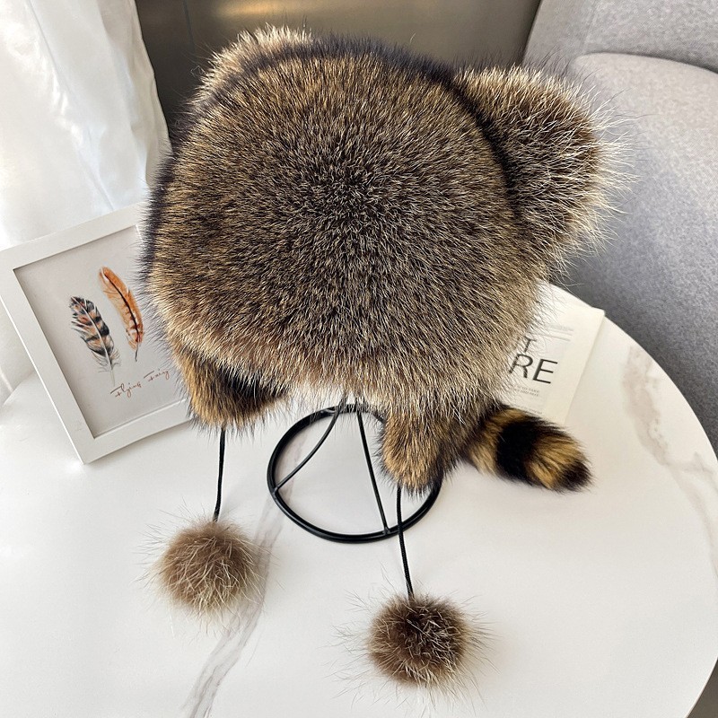 Trendy Womens Winter Hats Fluffy Stylish Warm Genuine Fashion Fur Hat Russian Raccoon Tail Hat 240910