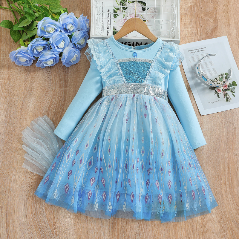 Disney Elsa princess dress for girls princess dress birthday outfit dress beach dress long sleeve puffy tulle dress girls clothing comfortable and sof