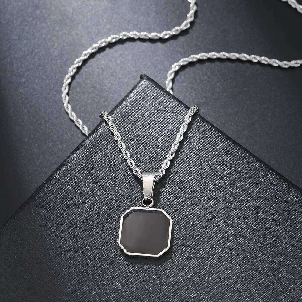 Stylish Men's Black Enamel Necklaces, Stainless Steel Square Pendant Necklace,Minimalist Male Collar Jewelry Gift C251129
