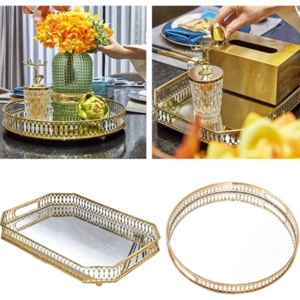 Luxury Gold Mirror Storage Tray Round Rectangle Metal Jewelry Tray Large Capacity Glass Makeup Snack Tray Bedroom Living Room Y251129