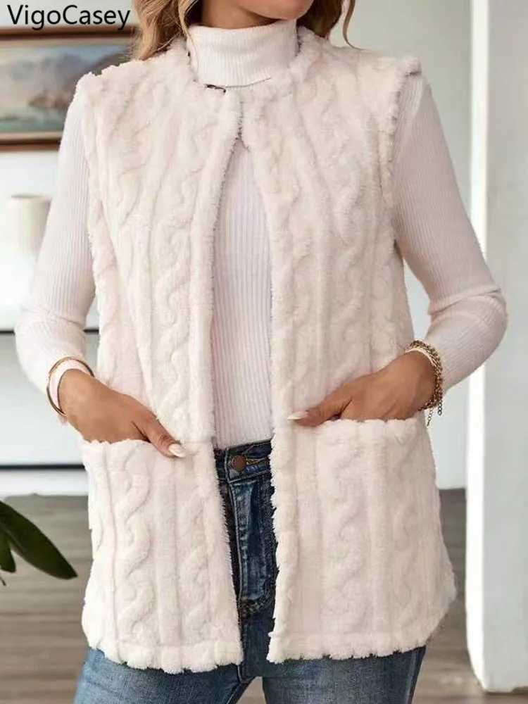 VigoCasey 2025 Autumn Woman White Thick Vest Coat Winter Sleeveless Plush Warm Waistcoat Lady Pocket Loose Casual Vest JacketT251129