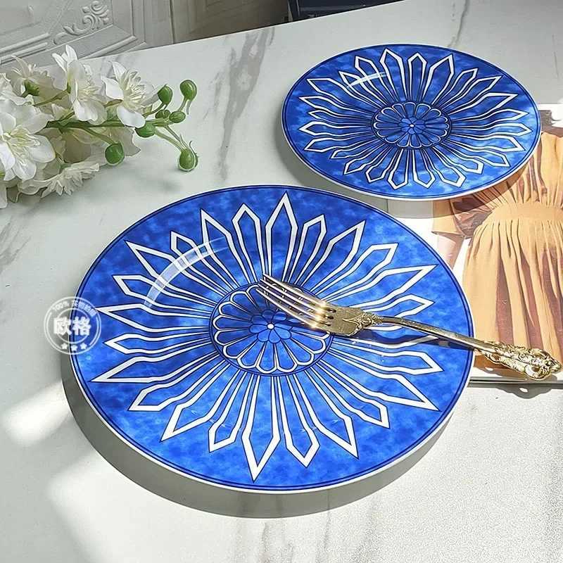 Luxury European style simple and luxurious Blue Seal Western dinner plate steak plate decoration afternoon tea Dim sum cake tableware Y251129