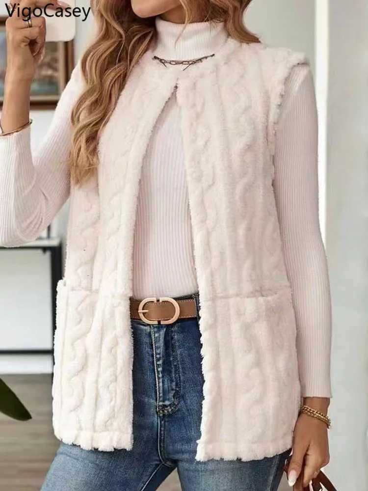 VigoCasey 2025 Autumn Woman White Thick Vest Coat Winter Sleeveless Plush Warm Waistcoat Lady Pocket Loose Casual Vest JacketT251129