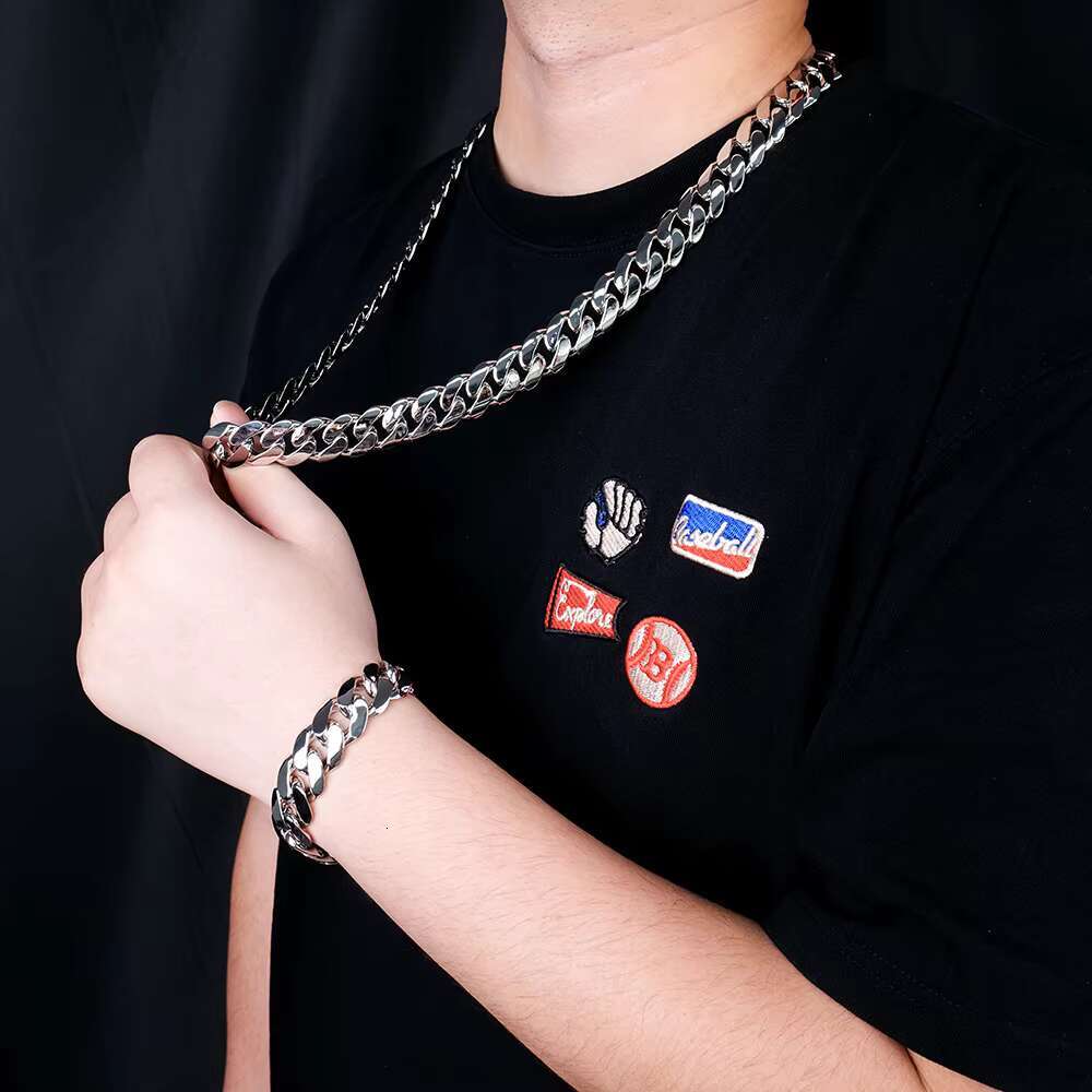 Mens Miami Hip Hop Fashion Jewelry Gold Plated Sterling Sier 14mm 18mm Plain Cuban Chain Necklace Link Bracelets