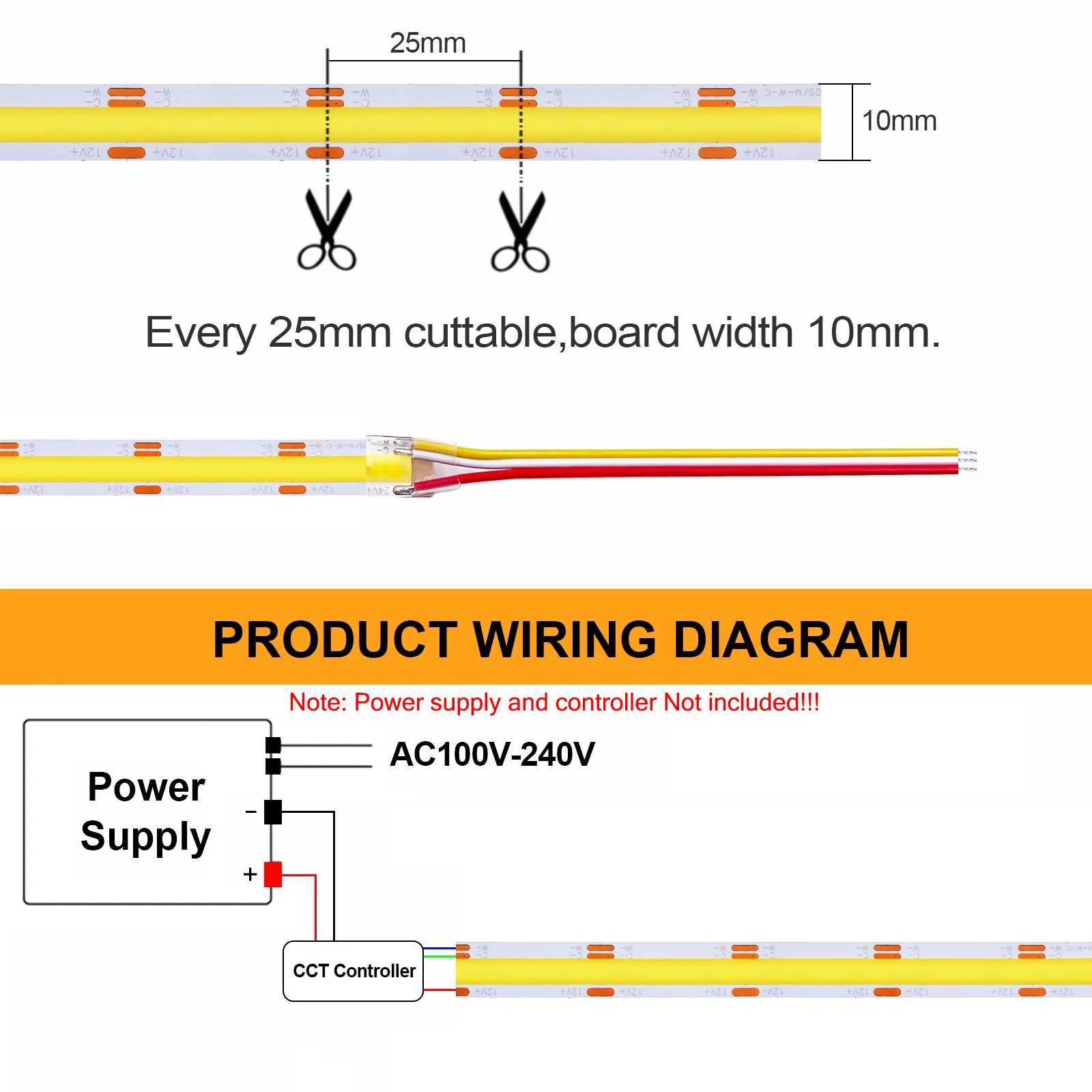 CCT COB LED Strip Lights 608LEDs/m High Density Double Color RA90 Dimmable Led Tape 2700K to 6500K Changing 10mm Width DC12V 24V M251129