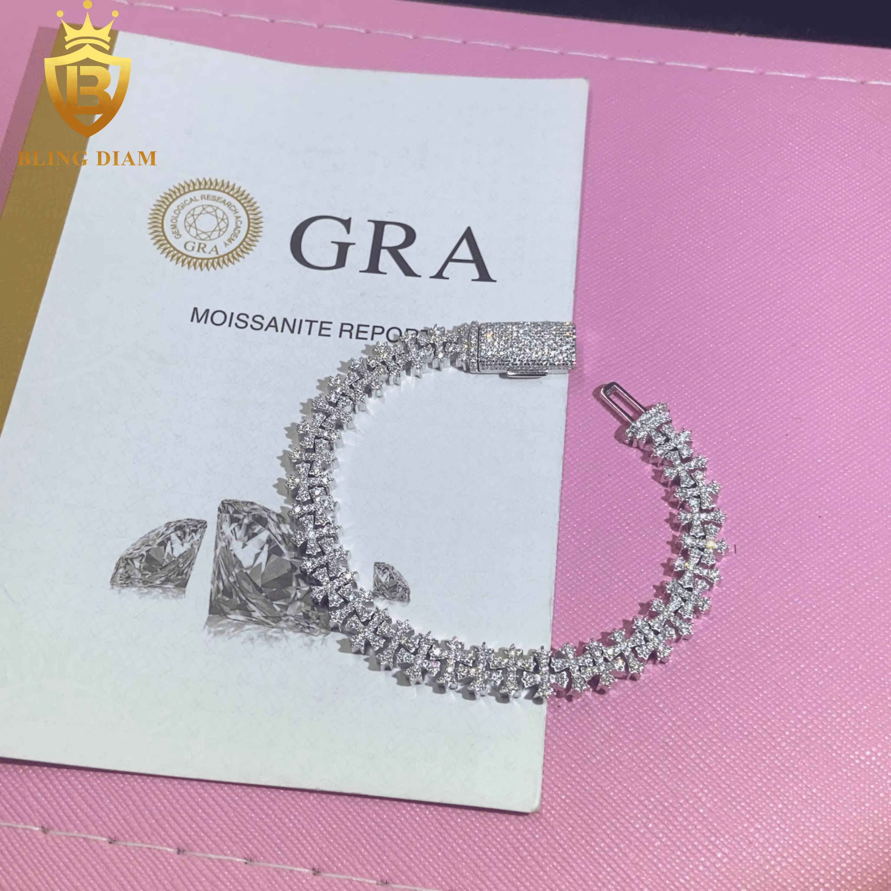 New Design Fashion 925 Sterling Silver 85mm Chain Moissanite Cuban Bracelet Men Women Cross Bracelet Hip Hop Style with GRA