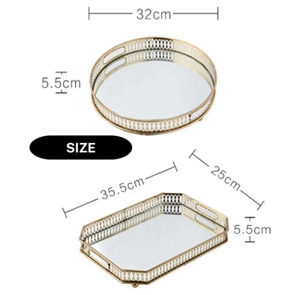 Luxury Gold Mirror Storage Tray Round Rectangle Metal Jewelry Tray Large Capacity Glass Makeup Snack Tray Bedroom Living Room Y251129