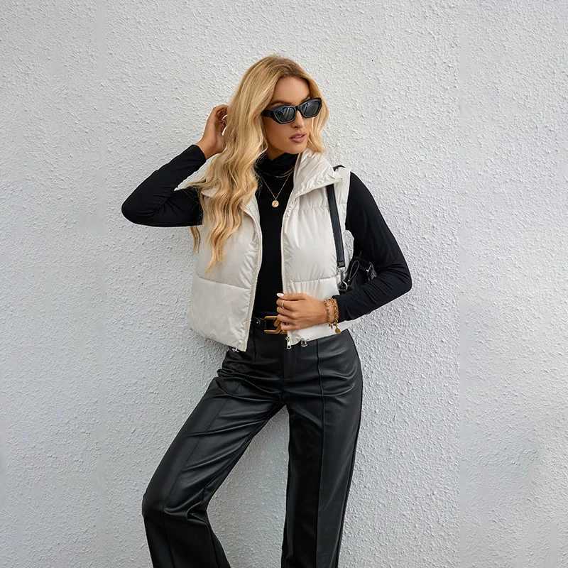 Autumn Winter Short Down Vest Women Stand Collar Zipper Sleeveless Jacket Warm Quilted Cropped Coats Street Drawstring WaistcoatT251129