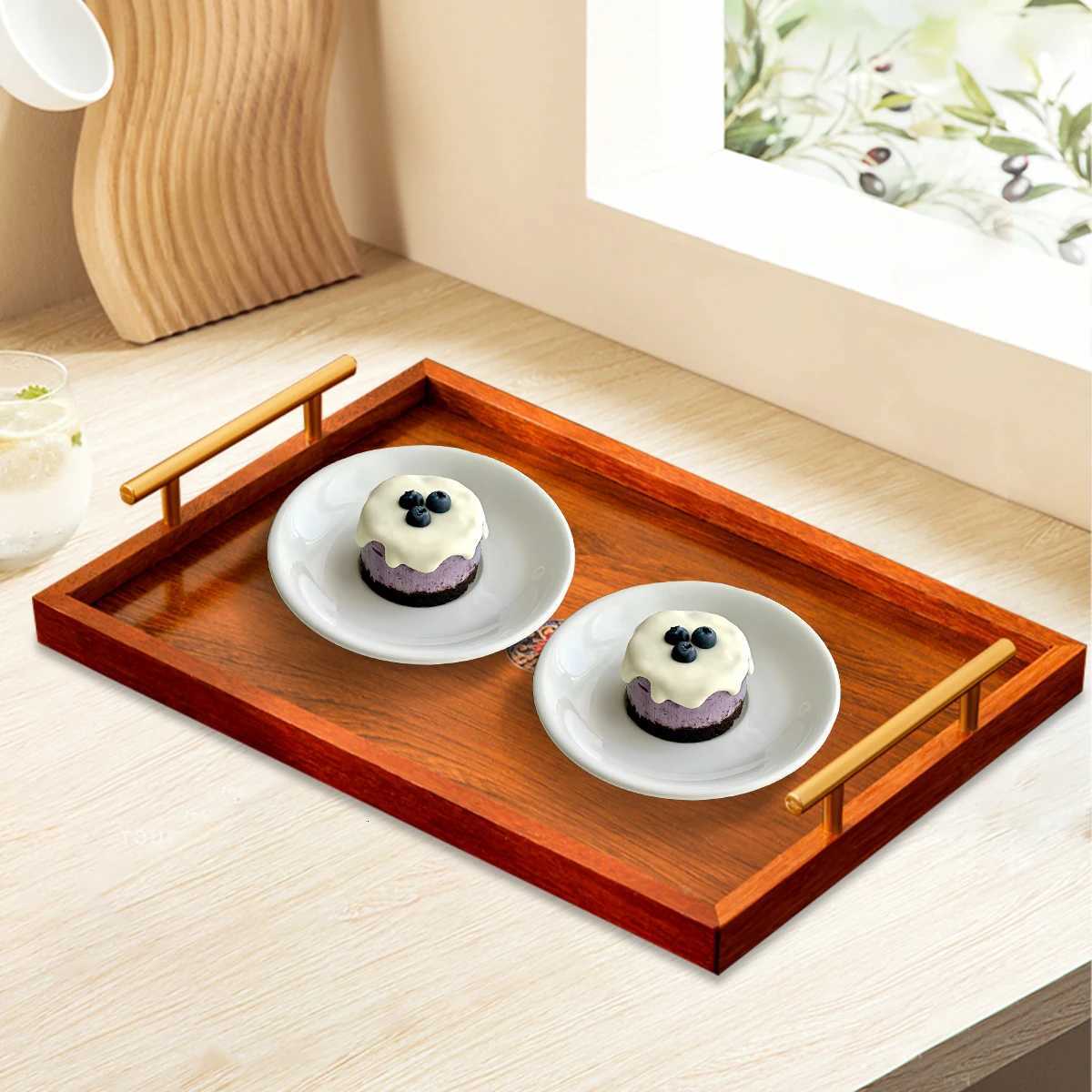 Wooden Serving Tray Set of 3 with Metal Handles - Multi-functional Breakfast Party Storage Platters Brown Y251129