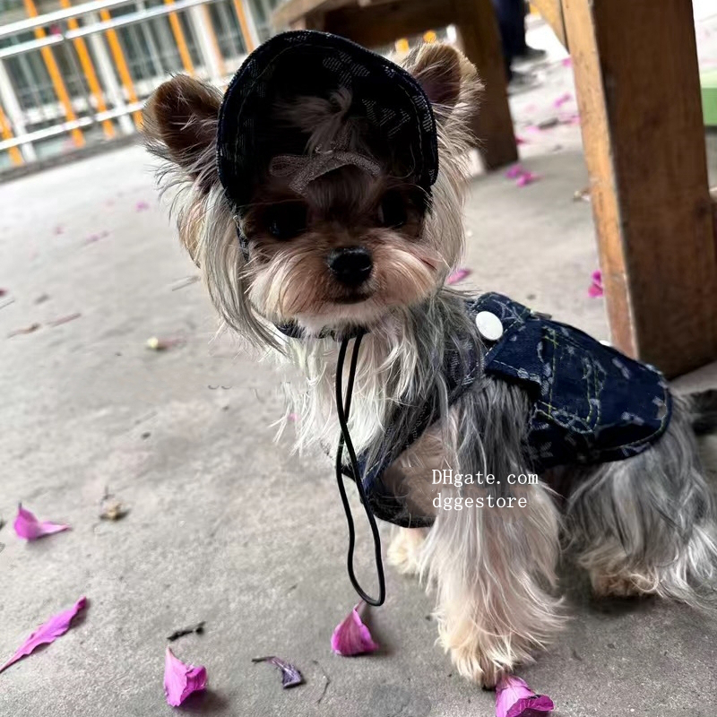 free shipping Designer ic Old Flower Pattern Dress, Dog Jeans Dress Vests with Hats Cool Denim T-shirt Puppy Vintage Washed Clothes for Small Dogs Blu
