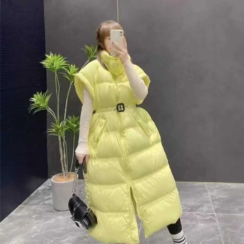 Tight Waist Long Duck Down Vest Coat Womens Fashion Thick Stand Collar Warm Jacket Sleeveless Vest Puffer CoatsT251129