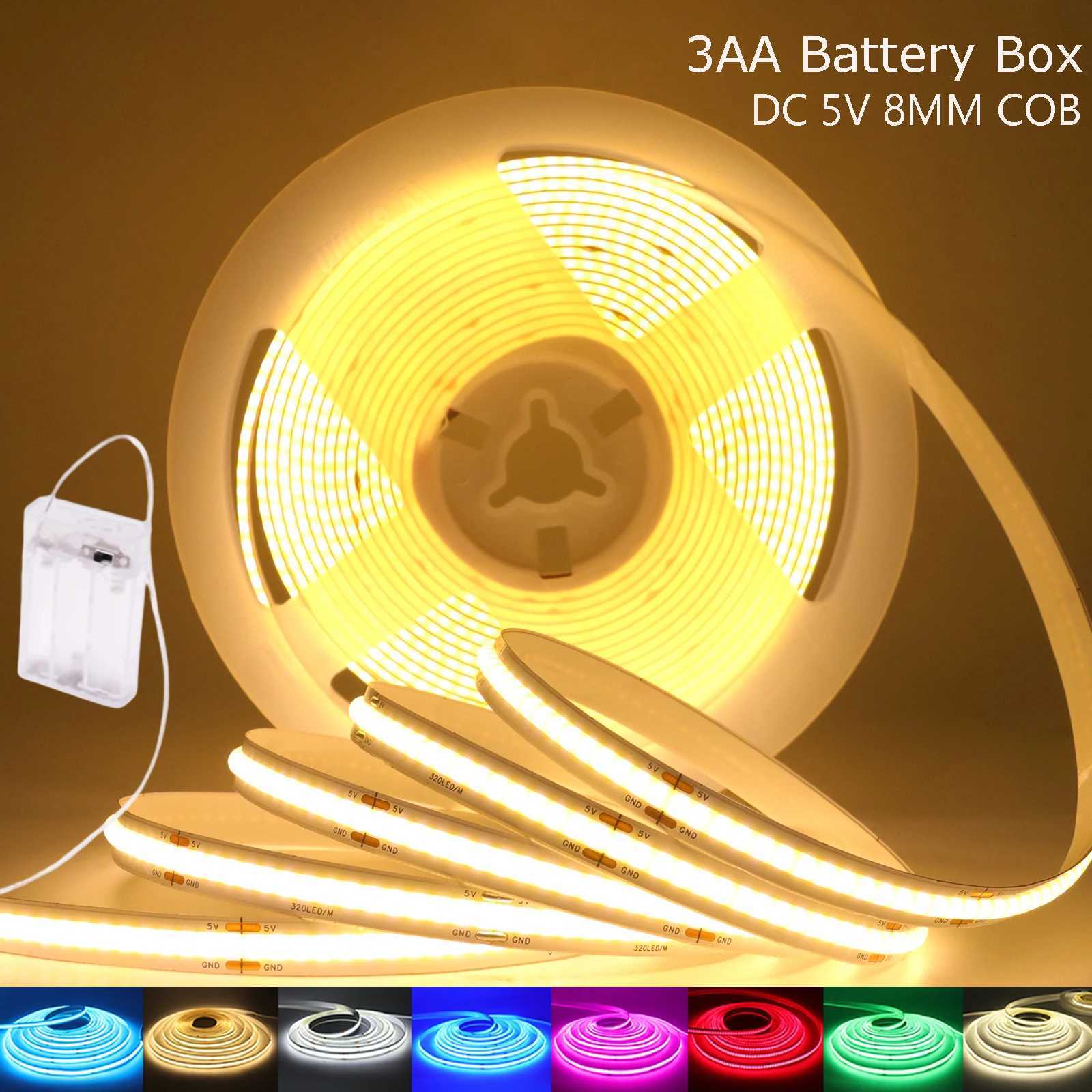 3AA Battery Box 5V COB Led Strip 320LEDs/M 8MM PCB For Room TV Backlight Flexible Tape Light Ice Blue/Red/Green/Pink/White/Warm M251129
