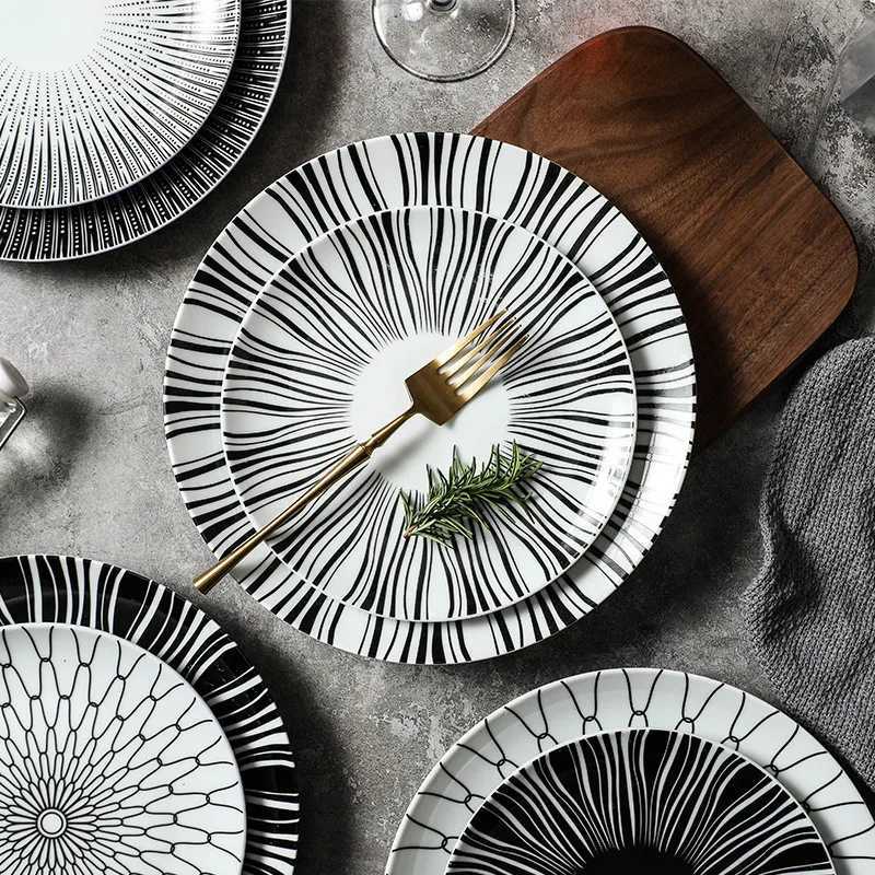 Luxury Black White Stripe Ceramic Dinner Steak Plate Porcelain Pasta Salad Snacks Dishes Wedding Gift Round Kitchen Tableware 10 Inch Y251129