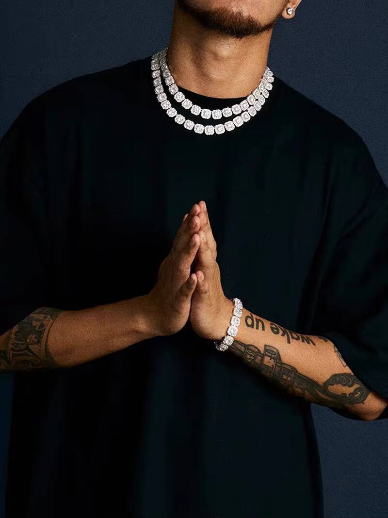 SC Fashion Hip Hop Full Square Diamond Men Necklace Bling Iced Out CZ Diamond Cuban Chain Necklace Bracelet for Men