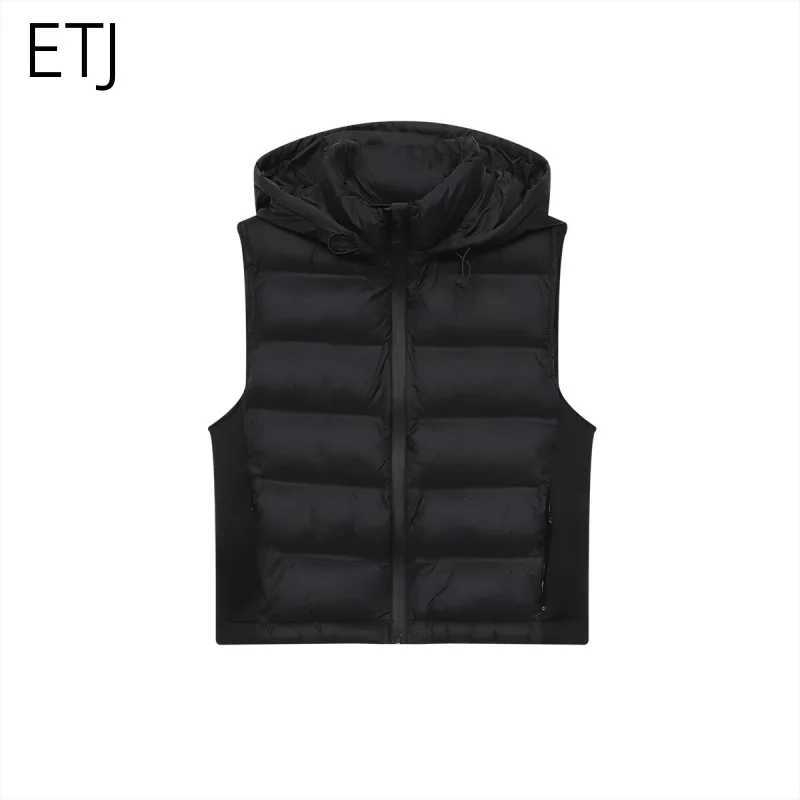 ETJ 2025 winter new womens fashion leisure sports wind pressure quilted light sleeved cotton vest warm hooded vestT251129