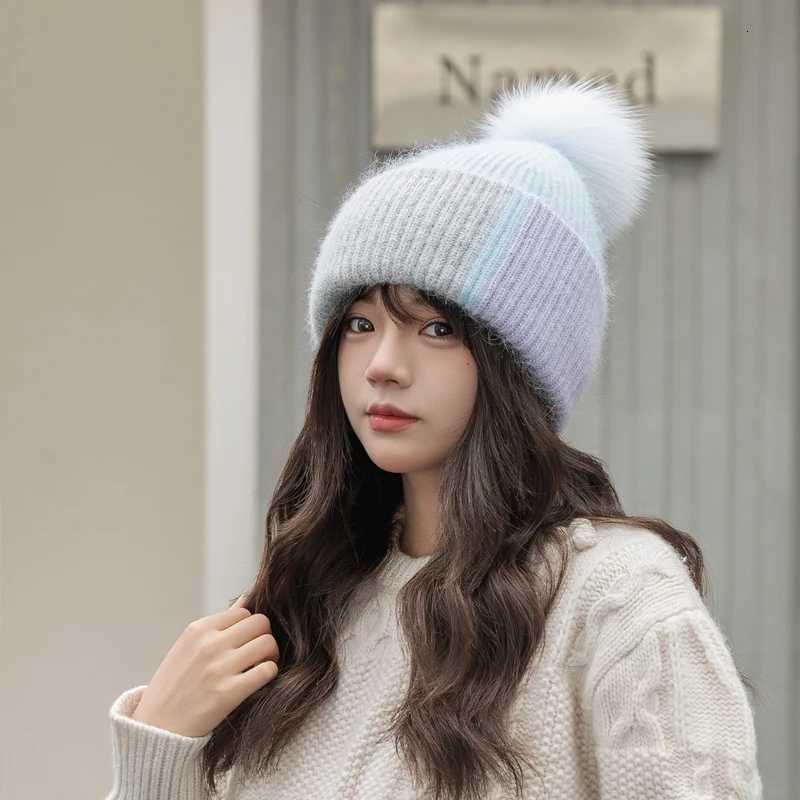 2025 New Rabbit Fur Beanies Soft Warm Fluffy fur pompom Winter Hat for Women Angora Knitted Hat Skullies Female Bonnet Knit CapXJ251129