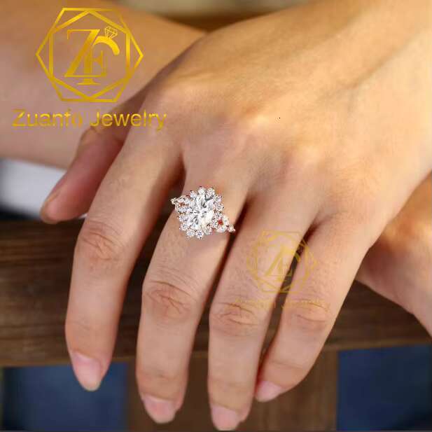 Luxury Vintage Cluster Ring 2.5 ct Oval Cut Moissanite 14K 18K Rose Gold Moissanite Ring for Engagement or Anniversary