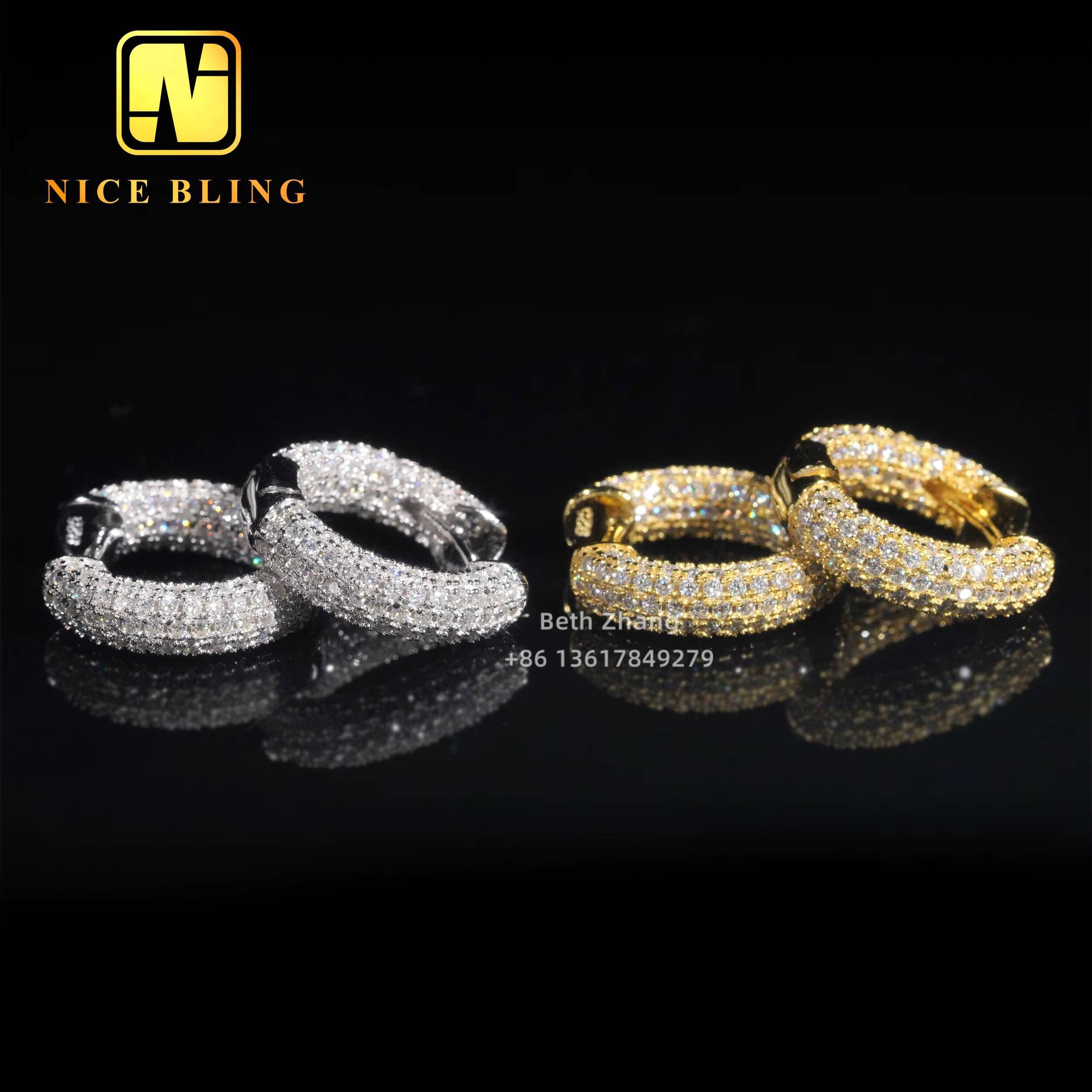 RTS Iced Out Moissanite Diamond Earrings 925 Silver Jewelry Trendy Hip Hop Hoop Ear Rings 3 Rows Diamonds for Men Women