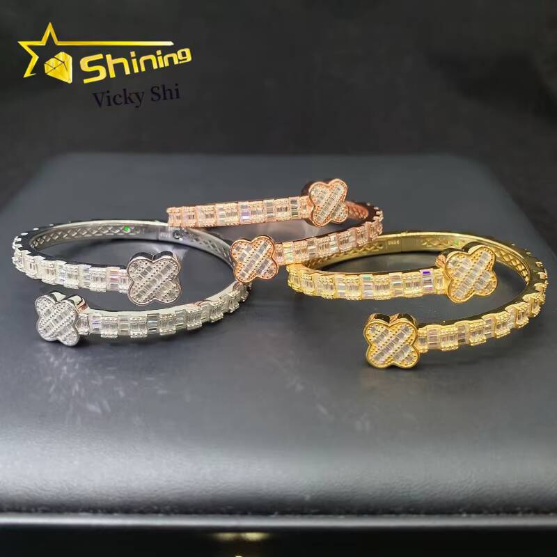 Iced Out Fine Jewelry S925 Silver Four Leaf Clover Design VVS Moissanite Diamond Bracelet Pass Diamond Tester