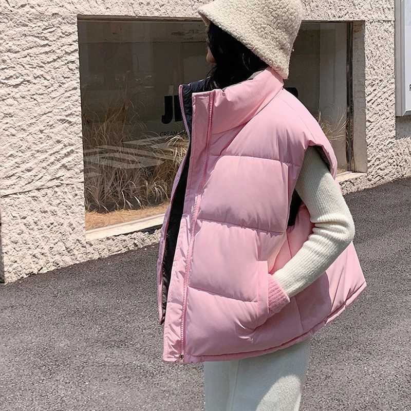 Fashion Double Sided Womens Cotton Vest Autumn Winter Stand Collar Thick Sleeveless Jacket Solid Color Loose Warm WaistcoatT251129