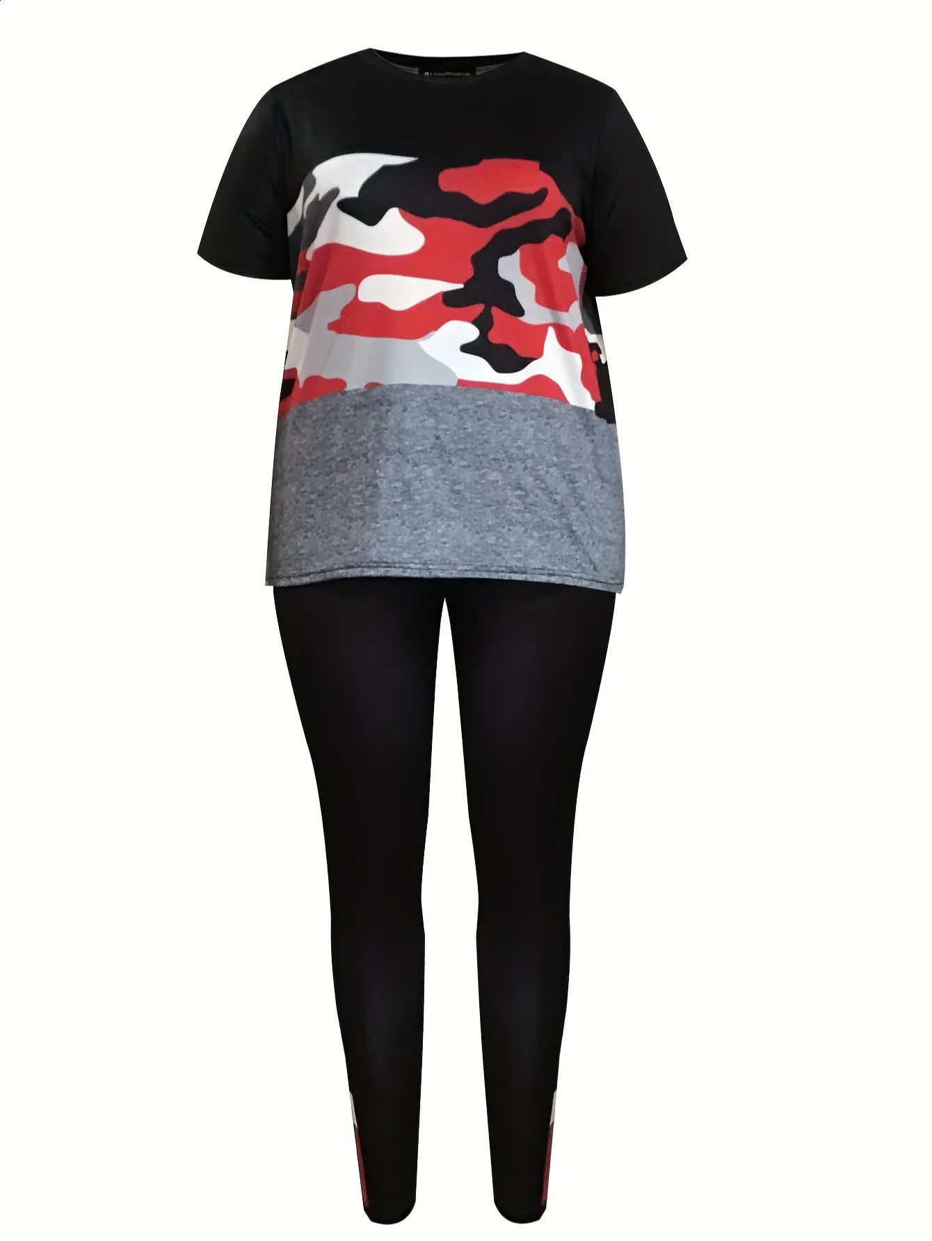 LW Plus Size Pants Set Camouflage Printed High Waist Pants Set Autumn Short Sleeve TopTight Pants Set Casual Sports Womens Wear 250427