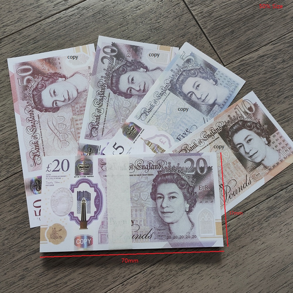 Prop Money UK Paper Game Copy Money Pounds GBP 100 50 NOTES Extra Bank Strap Movies Play Fake Casino Photo Booth For Child Teaching 100PCS/Pack 70*37mm 50% Size