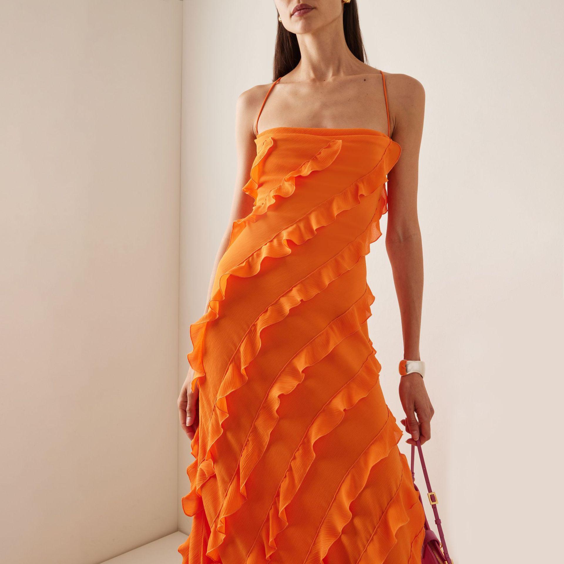 D1119New European and American style dress temperament ear-shaped suspender skirt slit one-shoulder dress