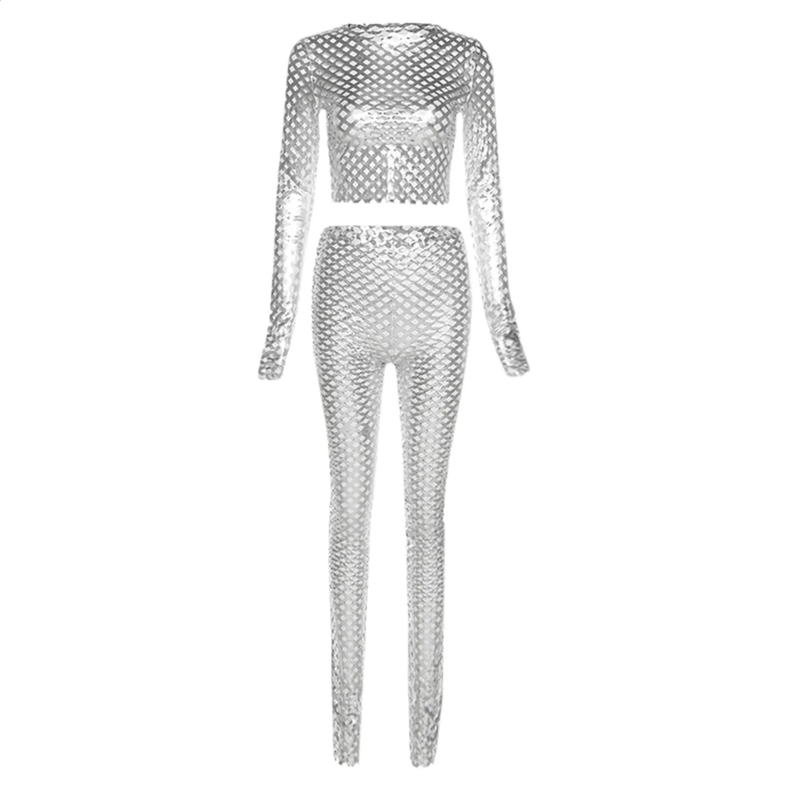 Nighclub Lady PU leather fashionable silver lace dress womens 2-piece set hollow top and pencil case 250423