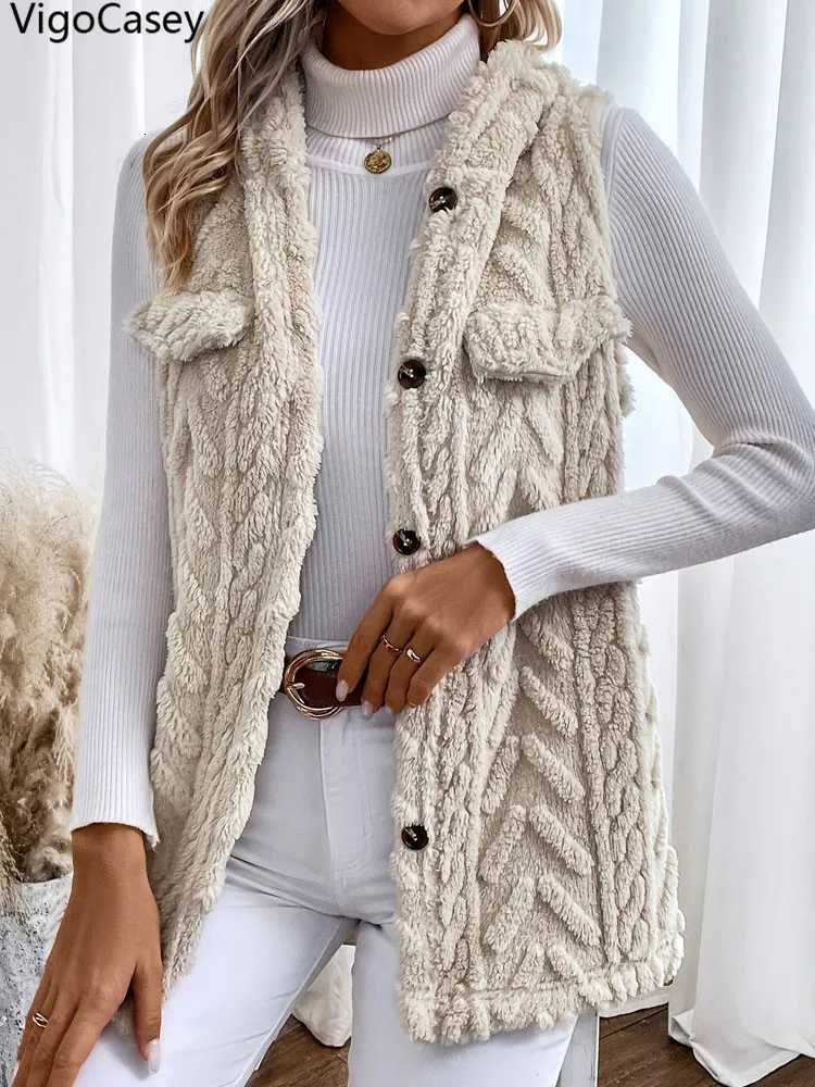 VigoCasey 2025 Apricot Sleeveless Vest Coat Woman Single-breasted Warm Plush Waistcoat Lady Autumn Winter Hooded Vest JacketT251129