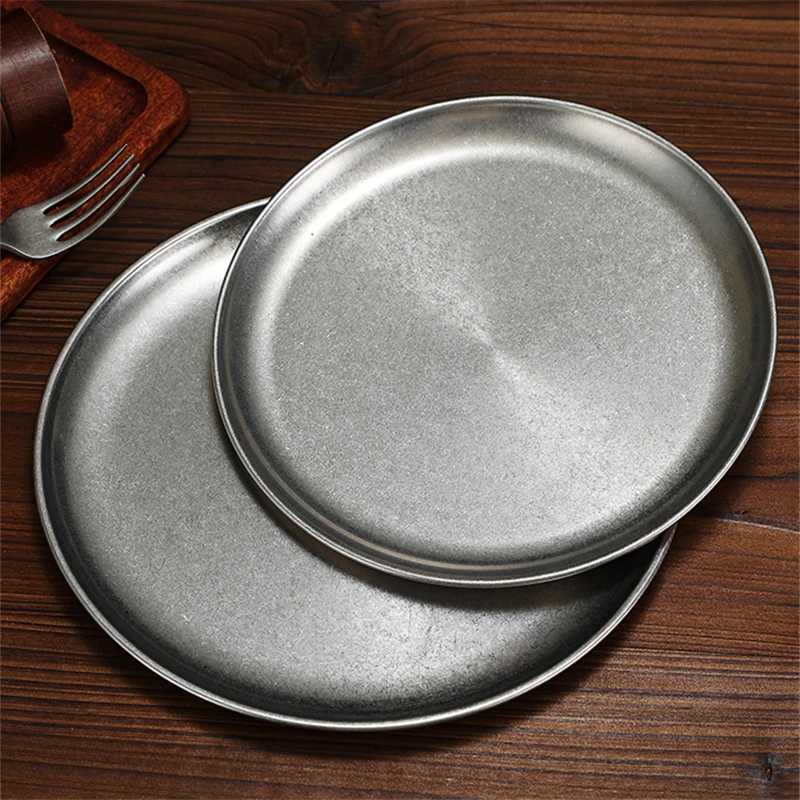 Luxury Snow Peak Stainless Steel Round Plates Matte Reto Dinner Dishes Flat Serving Tray Luxury Tableware Kitchen Dessert Cake Y251129
