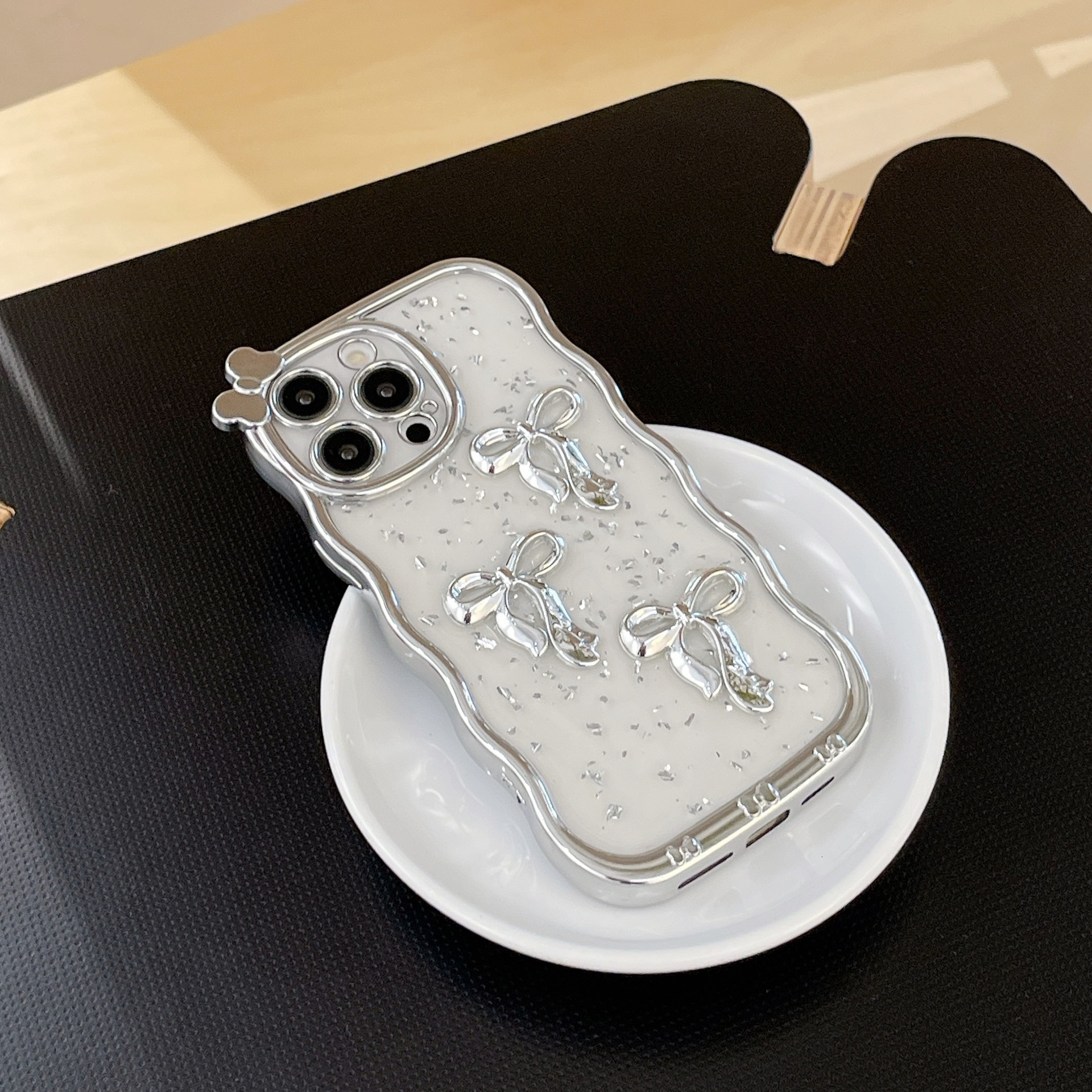 Bow Phone Case iPhone 16 Pro Max Electroplated Wave Compatible With Apple 15/14 Pro Transparent Soft Protective Case