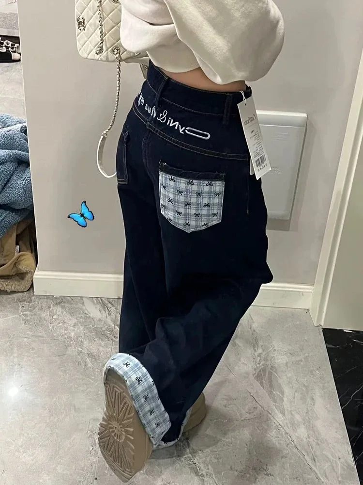 New Womens High Waist Turn-Up Wide Leg Straight Denim Pants Japanese High Strt Bow Knot Plaid Design Casual Patchwork Jeans L250724