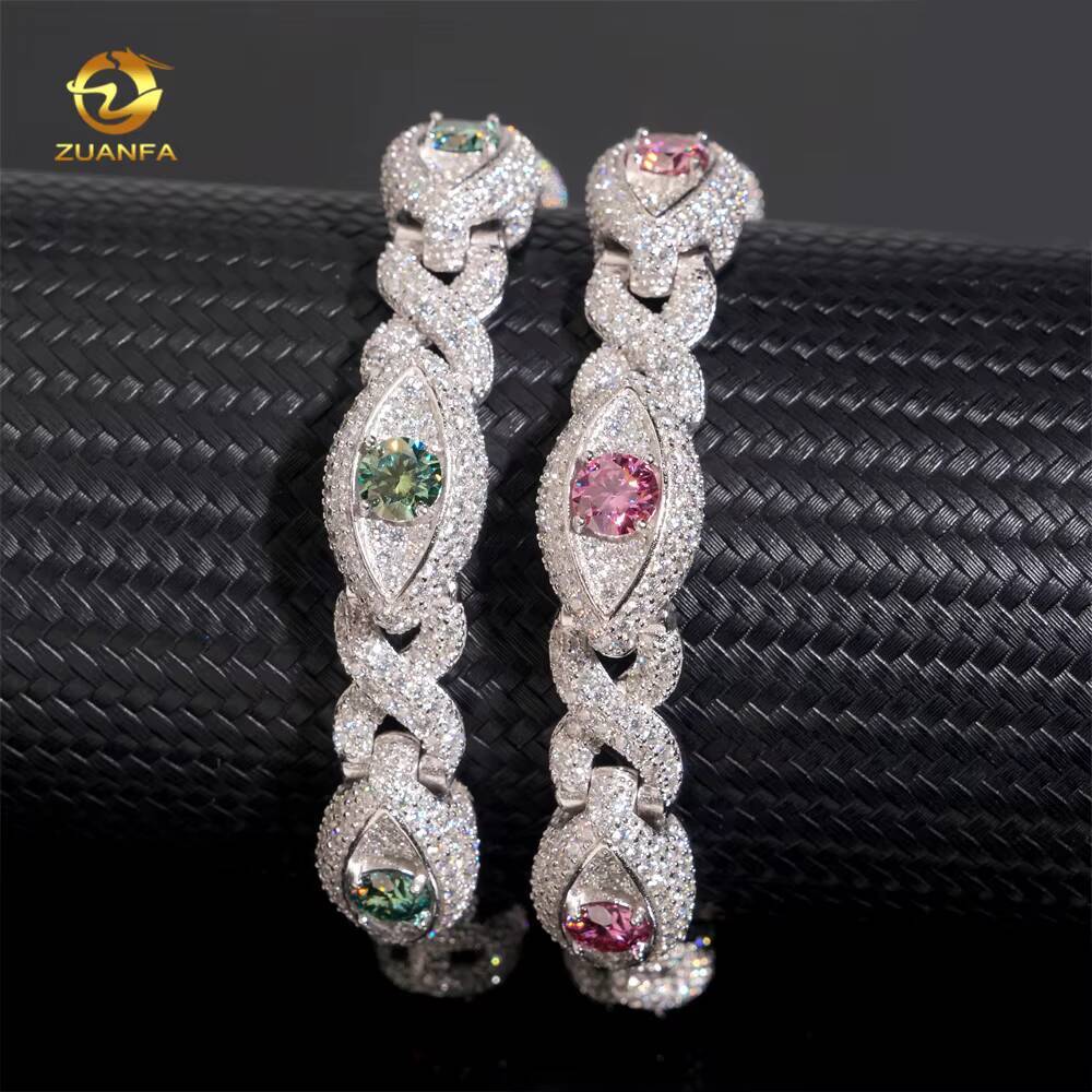 12MM Hip Hop Jewelry Iced Out Men Cuban Bracelet Evil Eye 925 Silver Color Moissanite Bracelet Spring Box Lock Pass Diamond Test