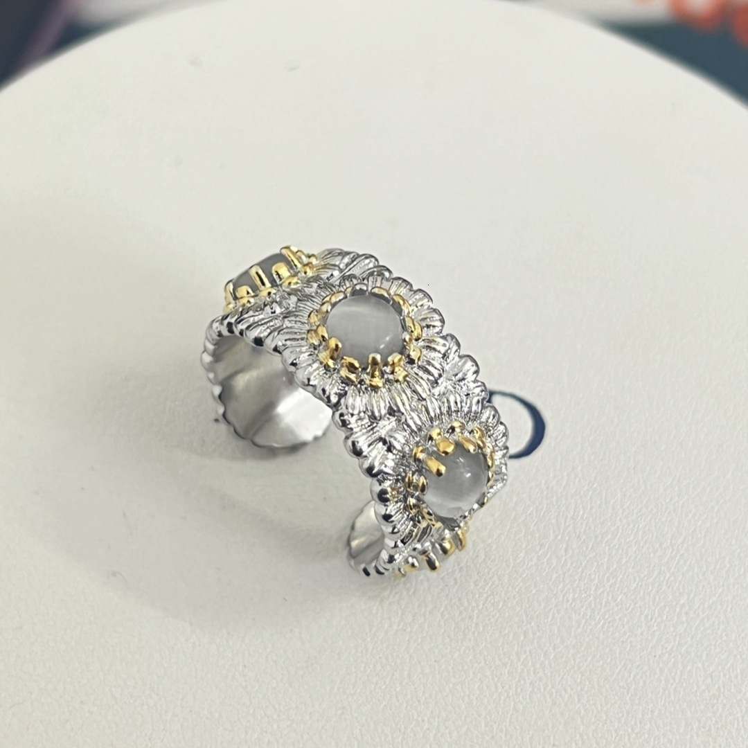 Designer Ring Italian Craft Light Luxury High-End Colorful Gemstone Small Daisy Ring Vintage Design Flower Brushed Ring for Women