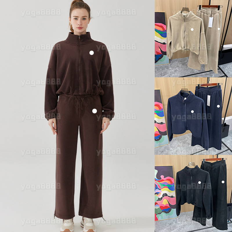 Yoga Set 2 Piece Womens Winter Sweatshirts Fleece Coat Thick Warm Stand Collar Zip Sweatshirt Long Sleeve Loose Fitness Jacket Pants Casual Activewear