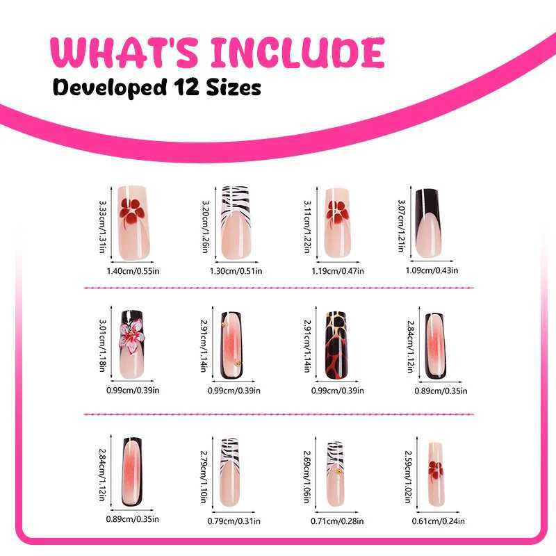 24 pieces of French 3D flower false nails Hand embossed leopard powder blusher gradual change false nails Y2k long ballet coffin full cover H25429