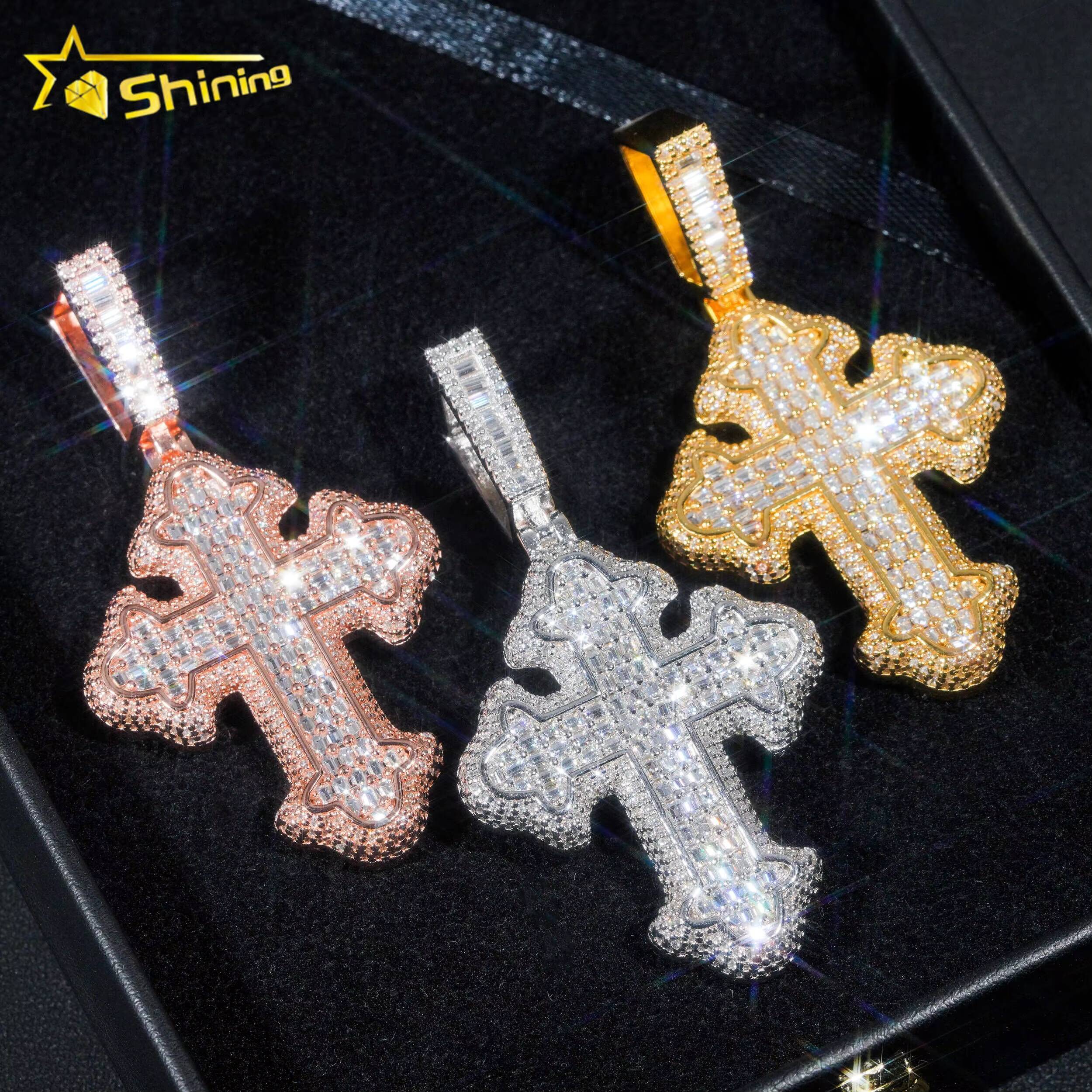 New Design Hip Hop Style Baguette Diamond Luxury 925 Silver Moissanite Cross Pendant
