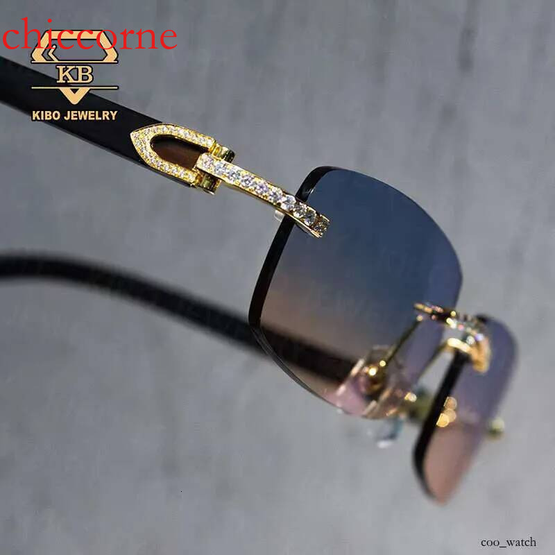 Hip-Hop Style Custom Buffalo Horn Dia Cut Rimless VVS Moissanite Men Iced Out Glasses CZ Zircon Sunglasses